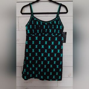 Relativity Black and Aqua Geometric Skirted Swimsuit